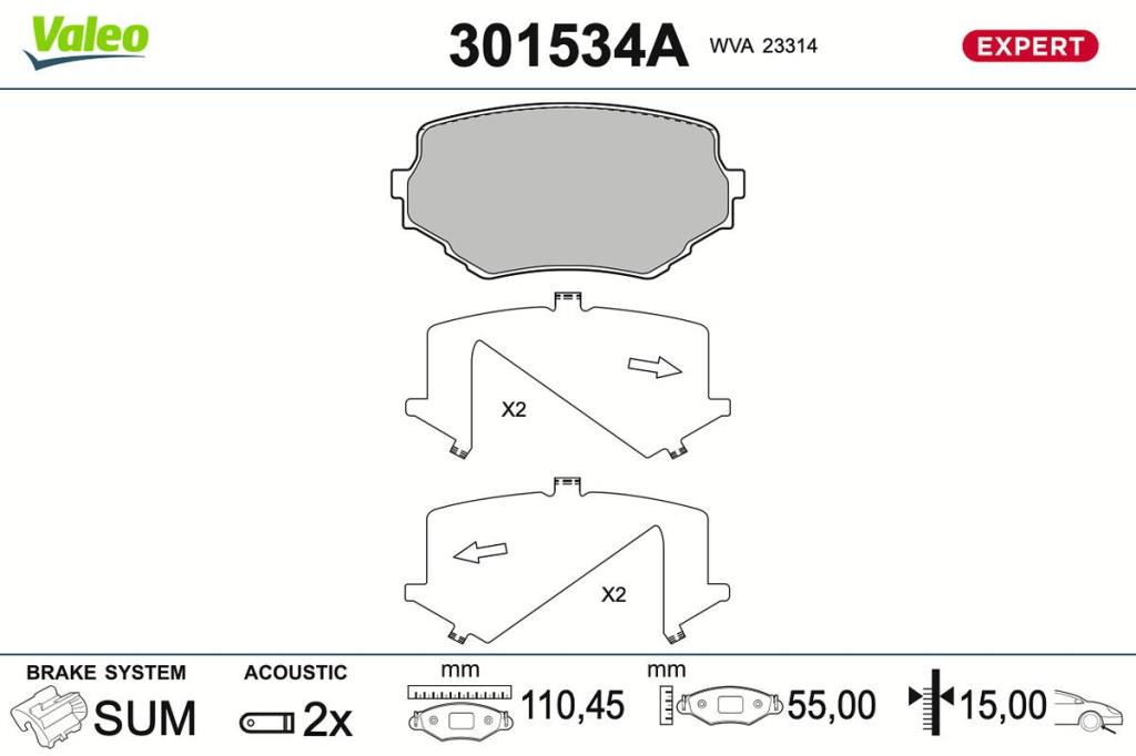 Jeu de 4 plaquettes de frein VALEO ref. 301534A